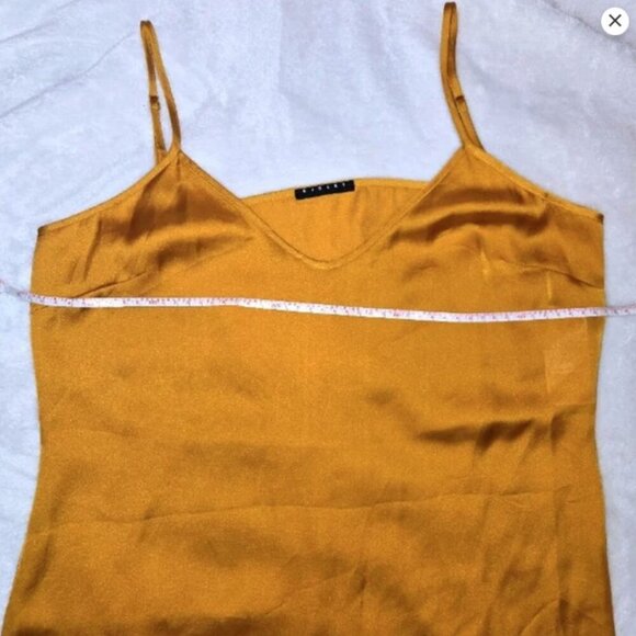 Sisley satin dress gold with ruffled neckline. Comes With Slip dress, size S - Picture 12 of 12